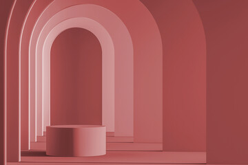 Cylinder platform on gradient arch wall pattern background. mockup scene for product presentation. 3d rendering