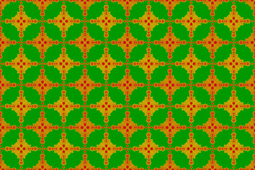 Geometric folk ornaments Ikat gold-brown floral pattern, Aztec-style seamless tribal fabric pattern, tribal embroidery, fabric print, gold floral fabric pattern, green background.