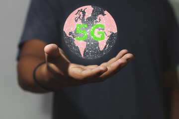 Global network concept. Clobal network connection 5G on hand man. Global network connection 5G concept.