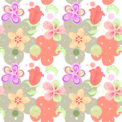 Vector floral decorative seamless pattern with fantasy hand-drawn flowers in pastel colors on a white background