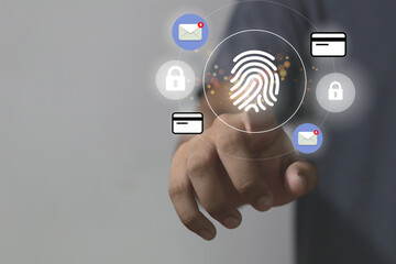 Fingerprint scan provides security access with biometrics identification. Business Technology Safety Internet Concept.