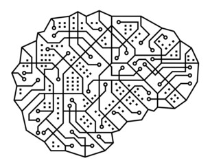 Digital brain, thin line icon. Memory symbol. Electronic circuit brain. Tech logo design. Vector Illustration.