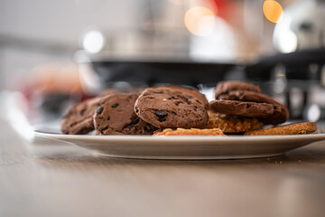 Christmas chocolate chip cookies on a plate close-up.