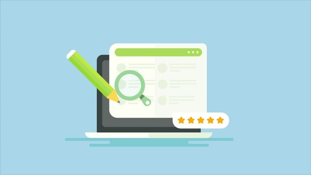 Customer review writing online website, editable online paper and document, copy writing, content editing software, writing testimonial, rating concept, 2d animation 4k video clip.