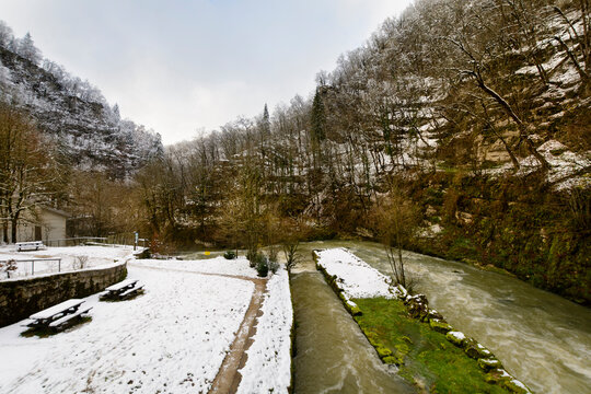 Snowed landscape and river, Doubs, France