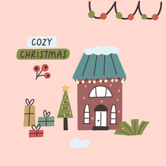 Christmas card winter house with gifts. Boho cozy scandinavian village cottage vector digital postcard for nursery baby in flat hand drawn style