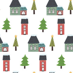 Seamless pattern winter houses Christmas trees. Boho cozy scandinavian village cottage Vector Digital paper for nursery wallpaper, baby textile fabric in flat hand drawn style