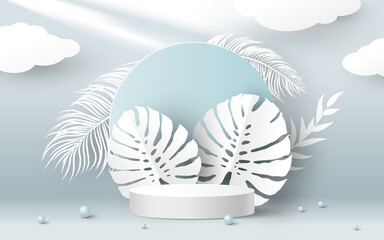 Blank white product podium and paper tropical monstera leaves on blue background 3D vector illustration