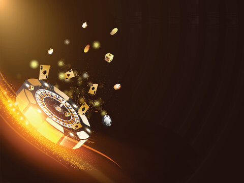 3D Roulette Wheel Inside Poker Chip With Flying Ace Cards, Dices, Golden Coins And Light Effect On Brown Background.