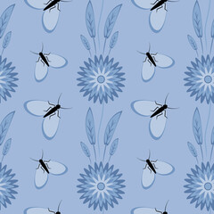 Seamless pattern, endless texture - stylized flowers and moths. Wallpapers, textiles, packaging