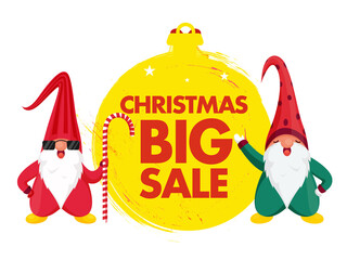 Christmas Big Sale Poster Design With Cute Gnomes And Yellow Brush Stroke Bauble On White Background.