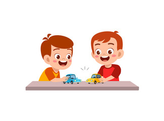little boy play with small toy car with friend