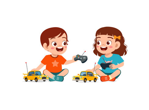 Little Boy Play With Remote Control Toy Car With Friend