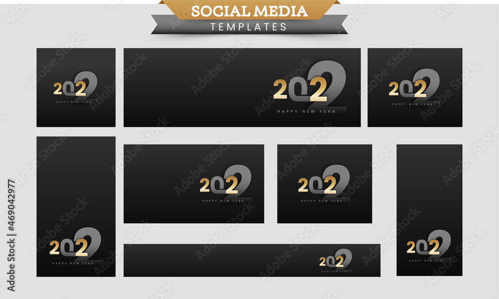 Sticker Social Media Template And Banner Design Set For 2022 New Year Celebration Concept.