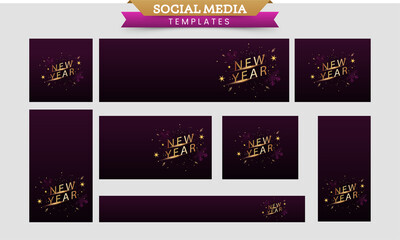 Social Media Template And Banner Set With Golden New Year Font On Brown Background.