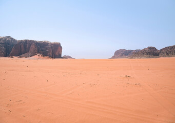 Fototapeta na wymiar Scenic view from Wadi Rum rocky desert, in Jordan. Desert landscape