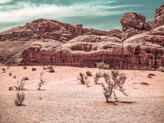 Scenic view from Wadi Rum rocky desert, in Jordan. Desert landscape