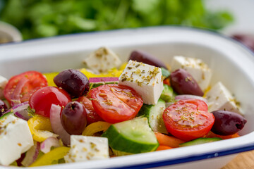 Gourmet refreshing greek village horiatiki salad. Tasty and healthy for any diet