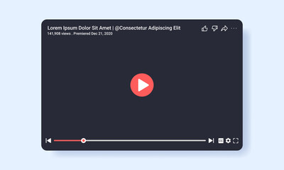 Flat vector illustration of web video player in dark theme. Suitable for design element from video player mock up and online video player user interface.
