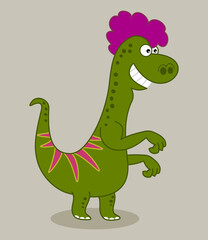 Green lizard dinosaur with pink hair on profile with smile 