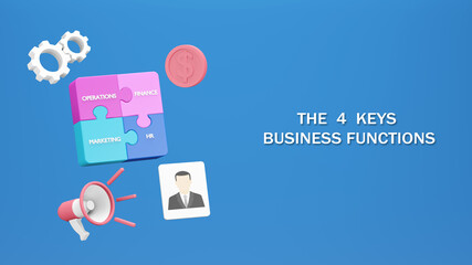 4 keys business function for banner, poster, flyer, cover, brochure. Business strategy concept. 3D render illustration. Clipping path of each element included.