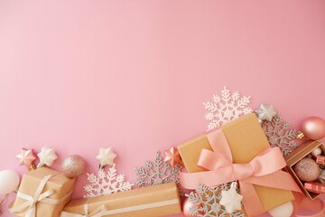 Fototapeta na wymiar Christmas background with gift boxes and ornaments in pink colors. Xmas celebration, greetings, preparation for winter holidays. Festive mockup, top view, flat lay with copy space.