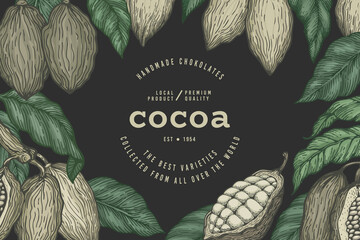 Cocoa color banner template. Chocolate retro cocoa beans background. Vector hand drawn illustration. Vintage style illustration.