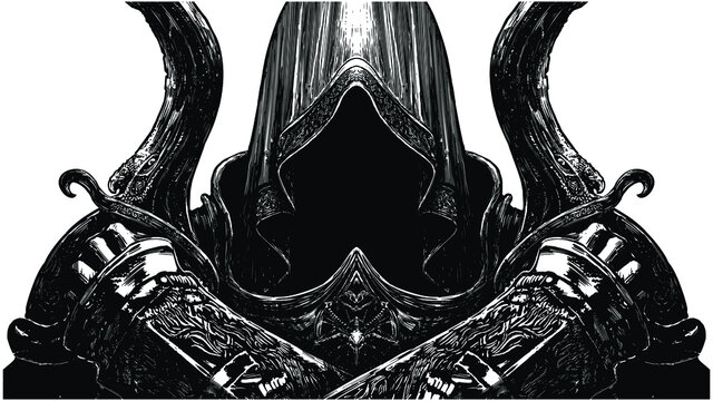 recommend clip art: An angel of death in a hood with two sickles in his hands, he ominously crosses his arms in vintage plate armor, with vintage patterns, holding his broken, jagged rusty weapon on his chest. 2d  art