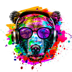 abstract colored bear muzzle with a cigar in eyeglasses and headphones isolated on white background with paint splashes