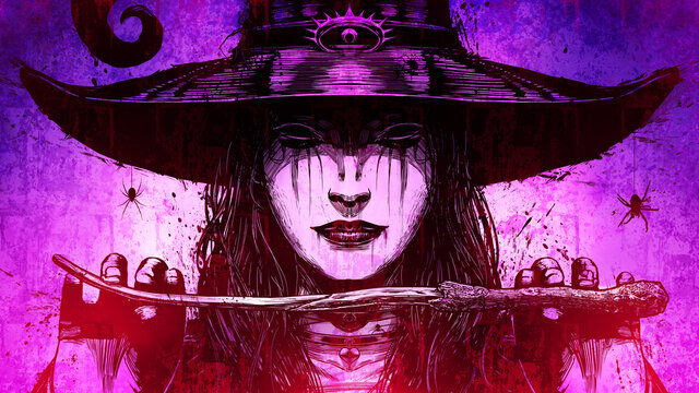 A sinister witch in a big black hat with a ponytail, holding a curved magic wand in her thin fingers, darkness in her eyes, creepy tautirovki on her face, and spiders running around her body. 2d