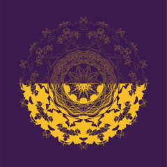 Ornament based on the solar mandala with space for copying text on a dark background. Vector, the ability to change the scale without loss of quality.
