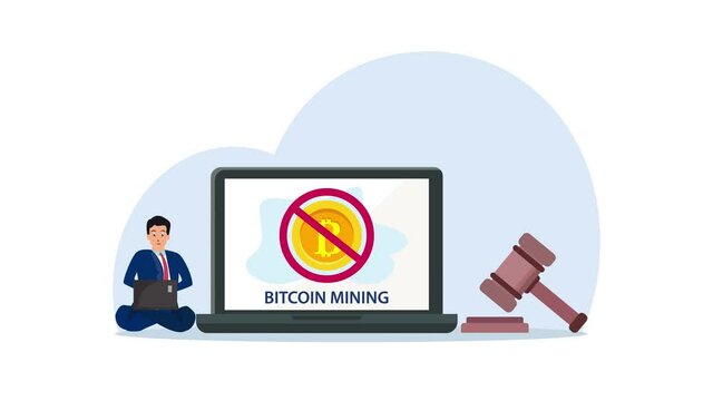 Businessman with prohibition bitcoin mining sign