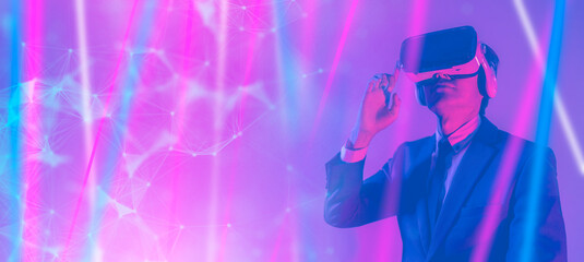 Metaverse digital cyber world technology, man with virtual reality VR goggle playing AR augmented reality game entertainment and business meeting conference, futuristic lifestyle