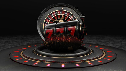 777 Slot Machine Gambling Concept, Roulette Wheel And Poker Cards With Royal Flash On Luxury Black Stage - 3D Illustration
