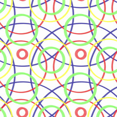 Abstract geometric background of multicolored circles. Hand-drawn illustration. Design of background, template, wrapping paper, wallpaper, fabric, textile, cover.