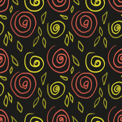 Seamless background of red and yellow curls, lines. A hand-drawn pattern. Retro style, vintage. Floral background. Background, template, wallpaper, textile, fabric, packaging paper design