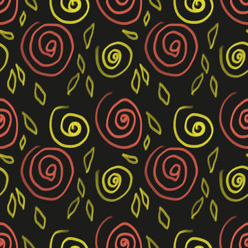 Seamless background of red and yellow curls, lines. A hand-drawn pattern. Retro style, vintage. Floral background. Background, template, wallpaper, textile, fabric, packaging paper design