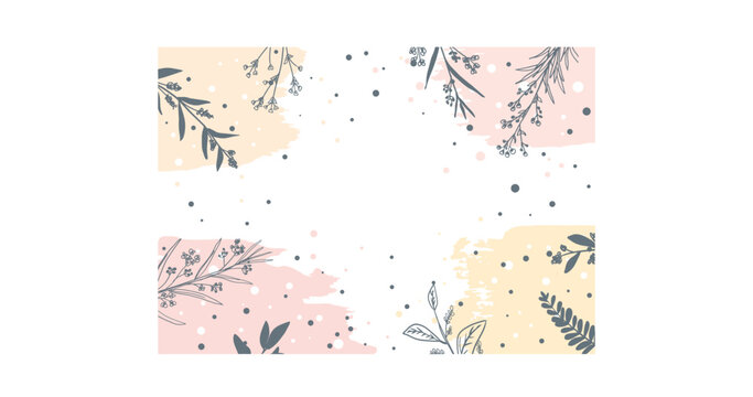 Vector floral banner with pastel pink brush strokes and gray flowers, branches and dots. Decorative design poster, illustration and background.