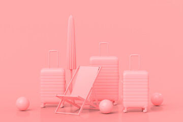 Suitcase with beach ball, umbrella and chair on monochrome pink background