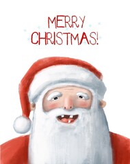 christmas card with funny santa claus, watercoor style illustration with cartoon character