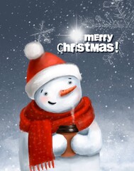 christmas greeting card with snowman, holiday illustration in watercolor stile with cartoon character