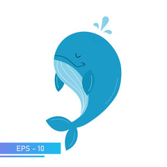 A kind blue whale in delicate blue colors, splashes water out of itself. Proud and sweet. Vector illustration.