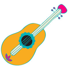 Colorful Hand Drawn Doodle Guitar Isolated on White Background.