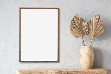 Blank canvas frame mockup on gray wall. Artwork in interior design. View of modern scandinavian style interior with canvas for painting or poster on wall. Minimalism concept © kite_rin