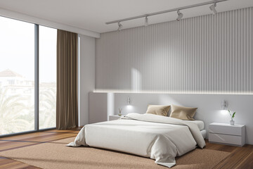 Fototapeta na wymiar White bedroom interior with bed on parquet, nightstand and window