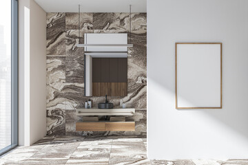 Light bathroom interior with sink, mirror and window. Mockup poster