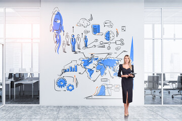Businesswoman wearing formal dress is standing and holding notebook