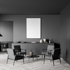 Dark dining room interior with empty white poster, four armchairs