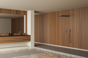 Corner view on bright bathroom interior with shower and mirror