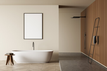 Fototapeta na wymiar Wooden bathroom interior with tub, shower and ladder, mockup poster